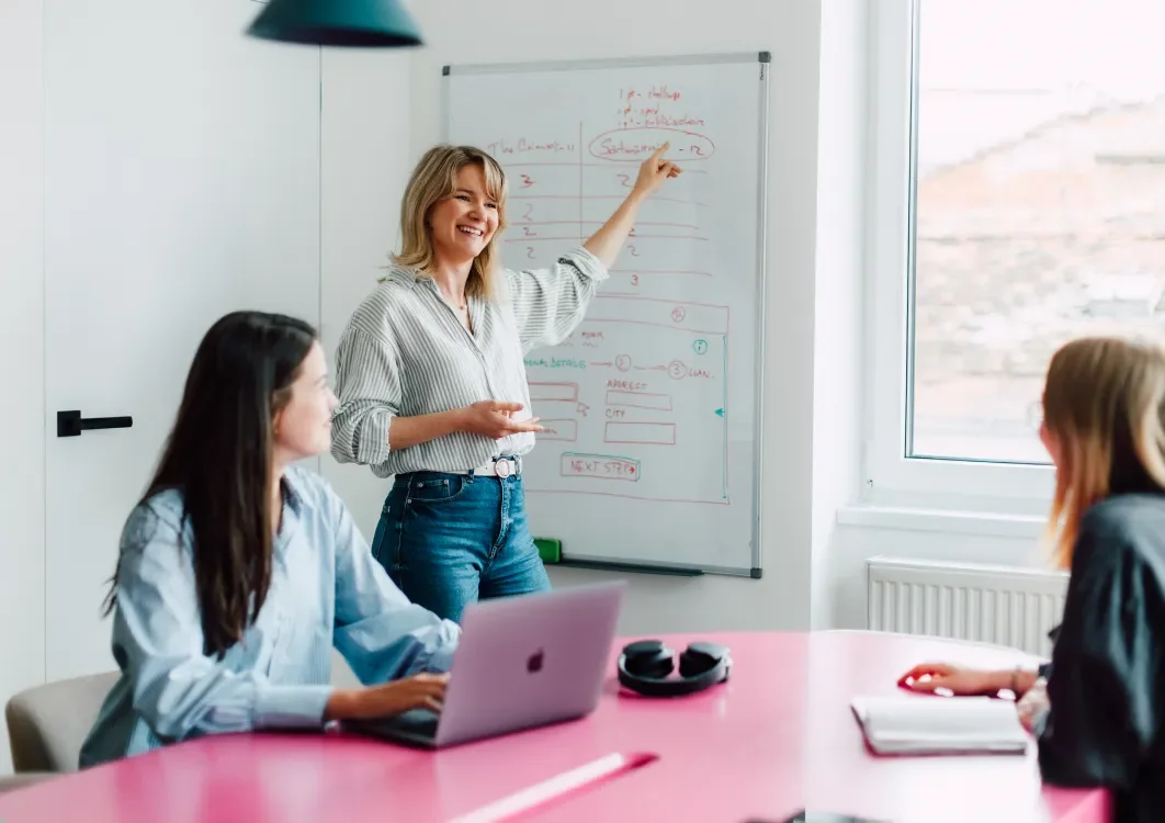 A product strategy session at the whiteboard